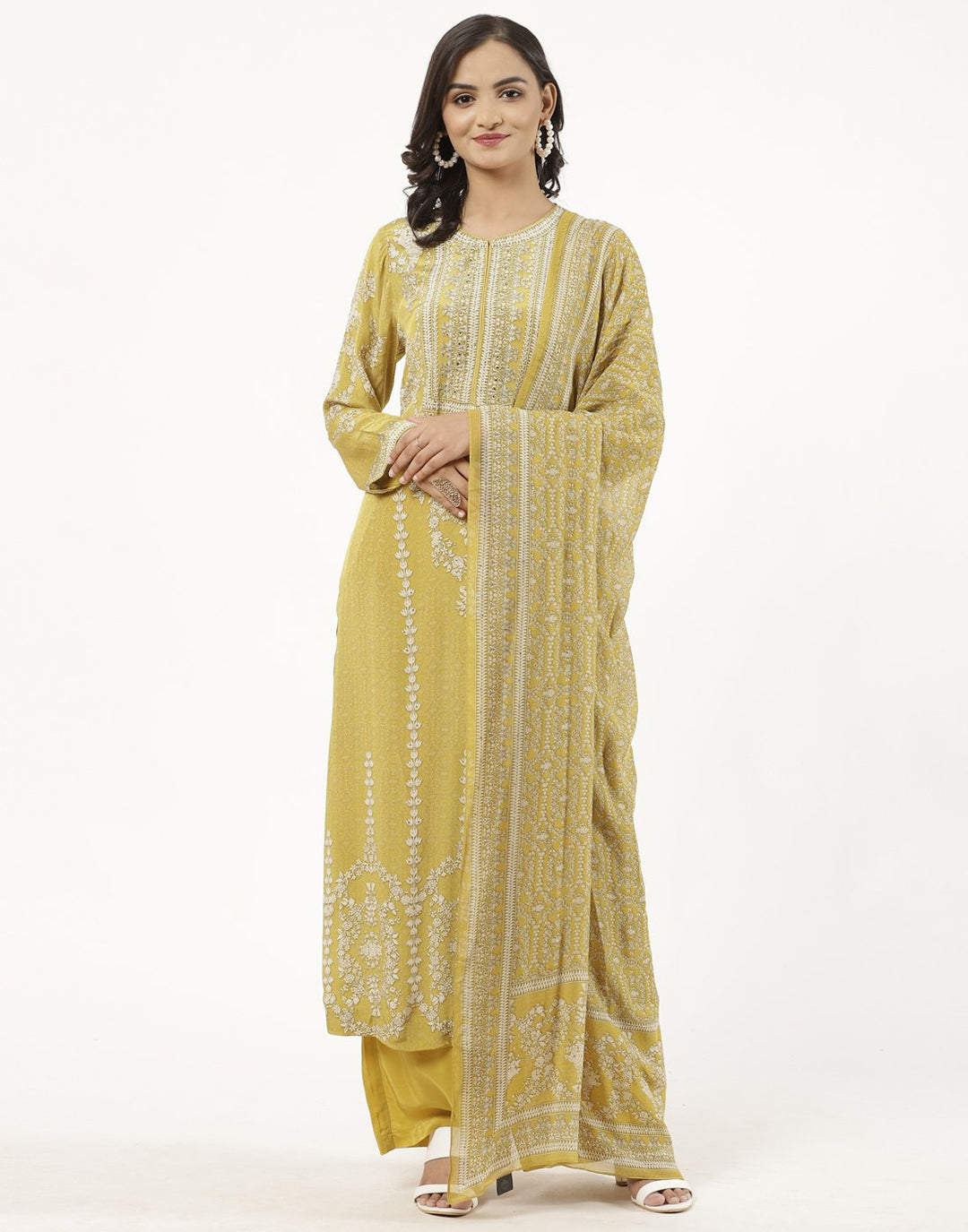 MBZ Meena Bazaar-Mustard Digital Printed Crepe Salwaar Kameez Stitched Suit