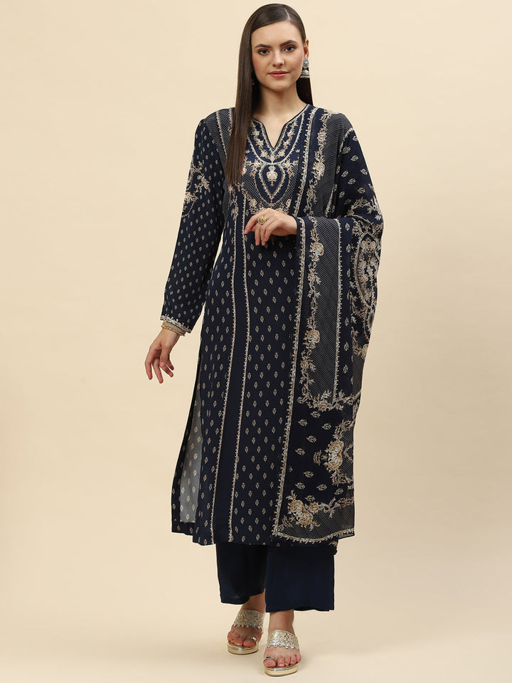 Digital Printed Crepe Kurta With Palazzo &amp; Net Dupatta