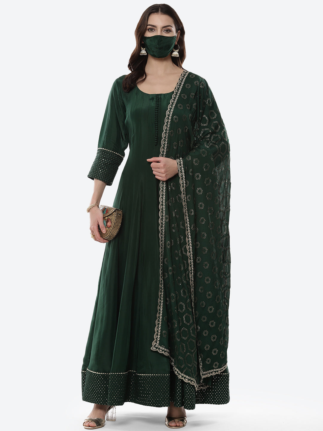Embroidered Handloom Dupion Anarkali Stitched Salwar Kameez With Sequence Chiffon Dupatta
