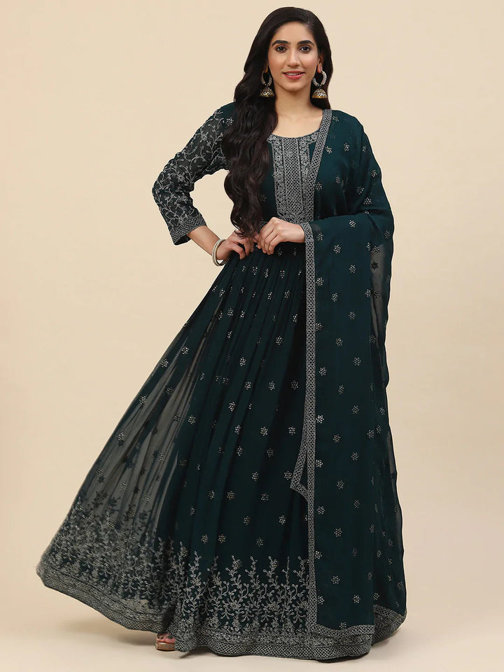 Resham Embroidered Georgette Kurta With Churidar &amp; Dupatta