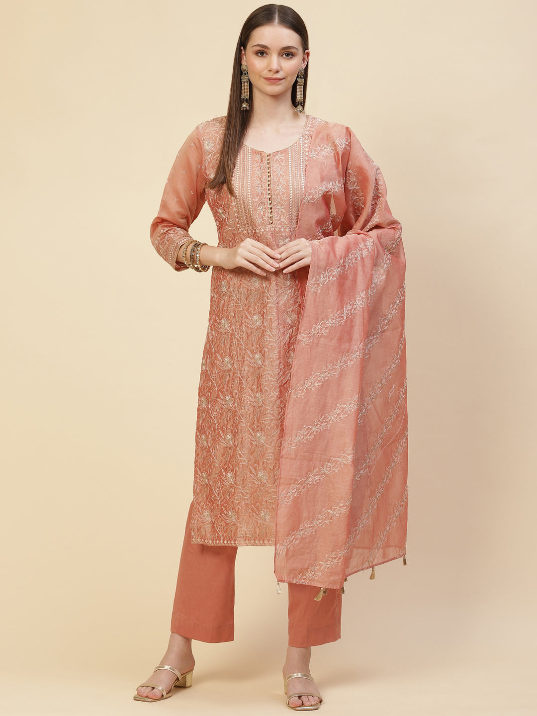 Zari Embroidered Cotton Kurta With Pants &amp; Dupatta