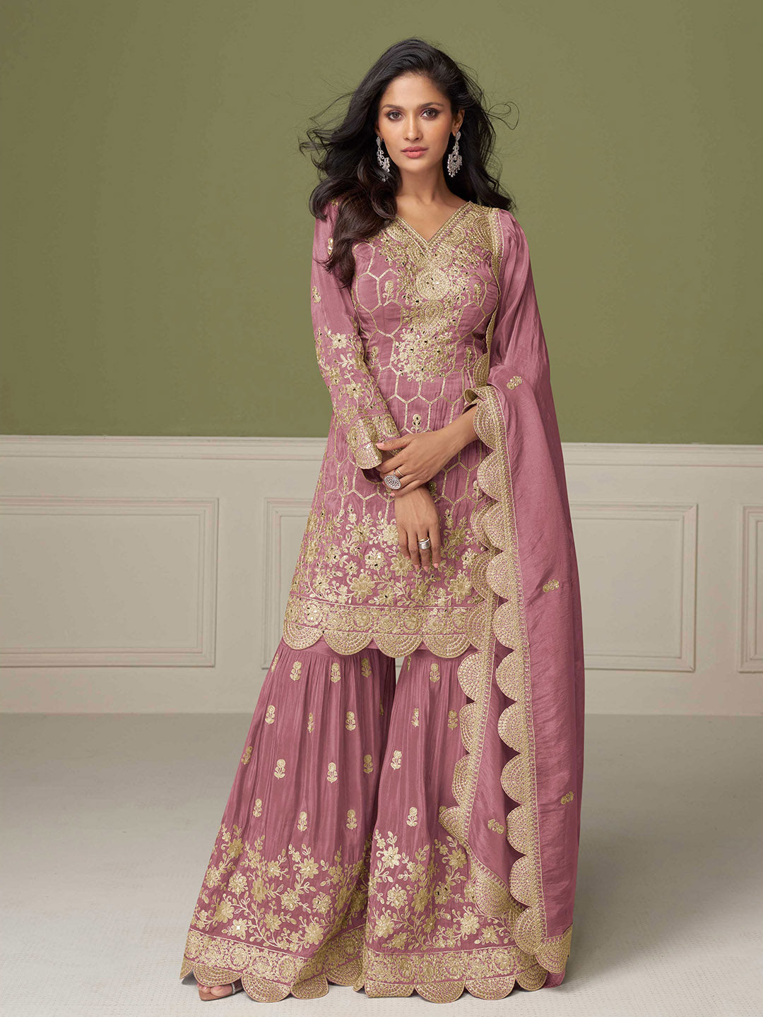 Embroidered Art Silk Kurta With Gharara &amp; Dupatta