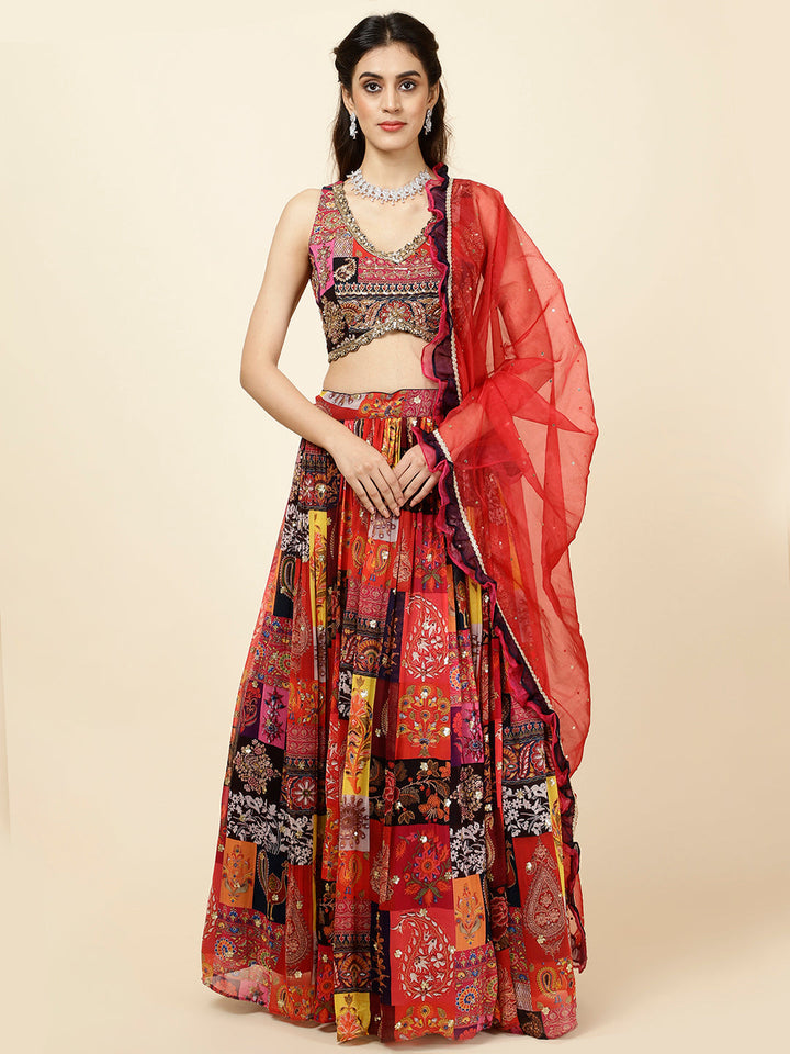 Sequence Embroidered Georgette Choli With Lehenga &amp; Dupatta