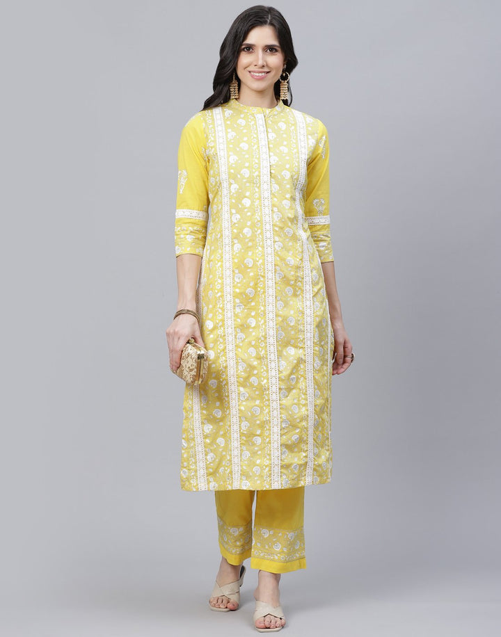 Printed Cotton Kurti Pant Set with Lace Detail