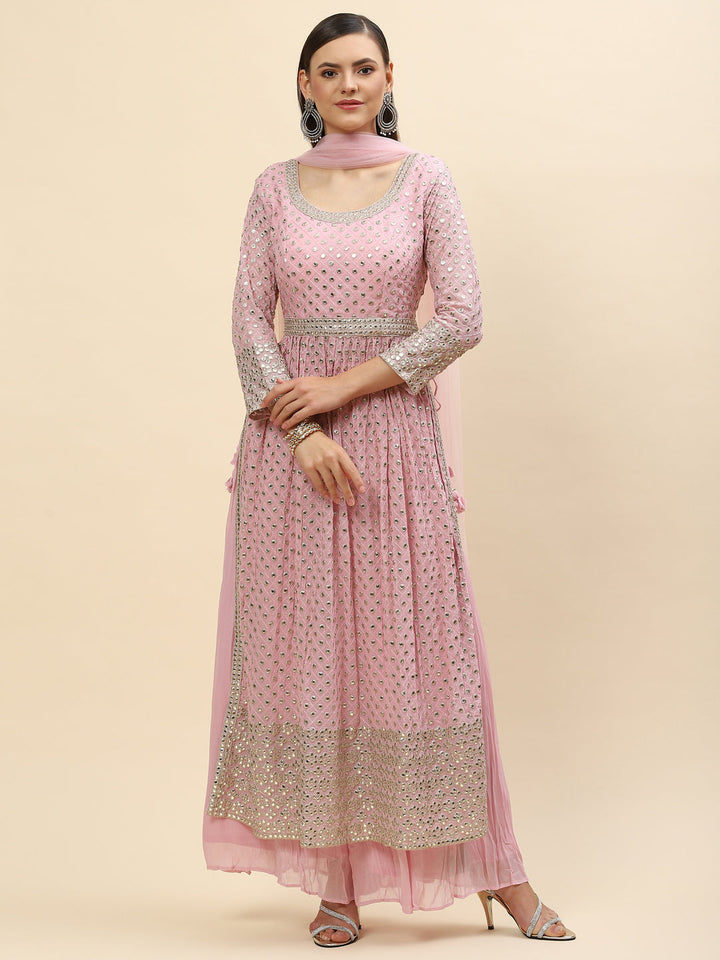 Mirror Embroidered Georgette Kurta With Palazzo &amp; Dupatta