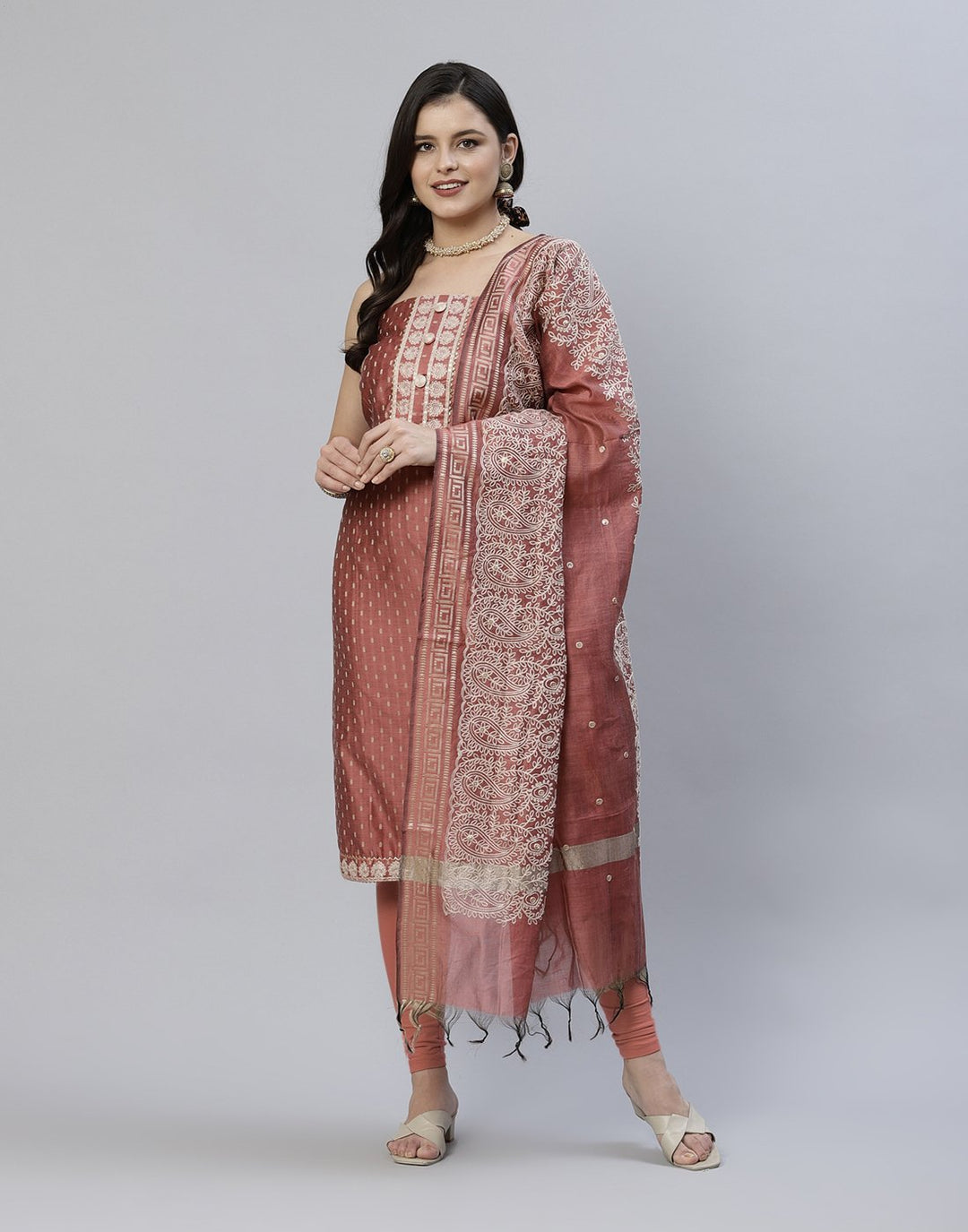Printed Chanderi Suit Piece With Embroidered Yoke And Dupatta