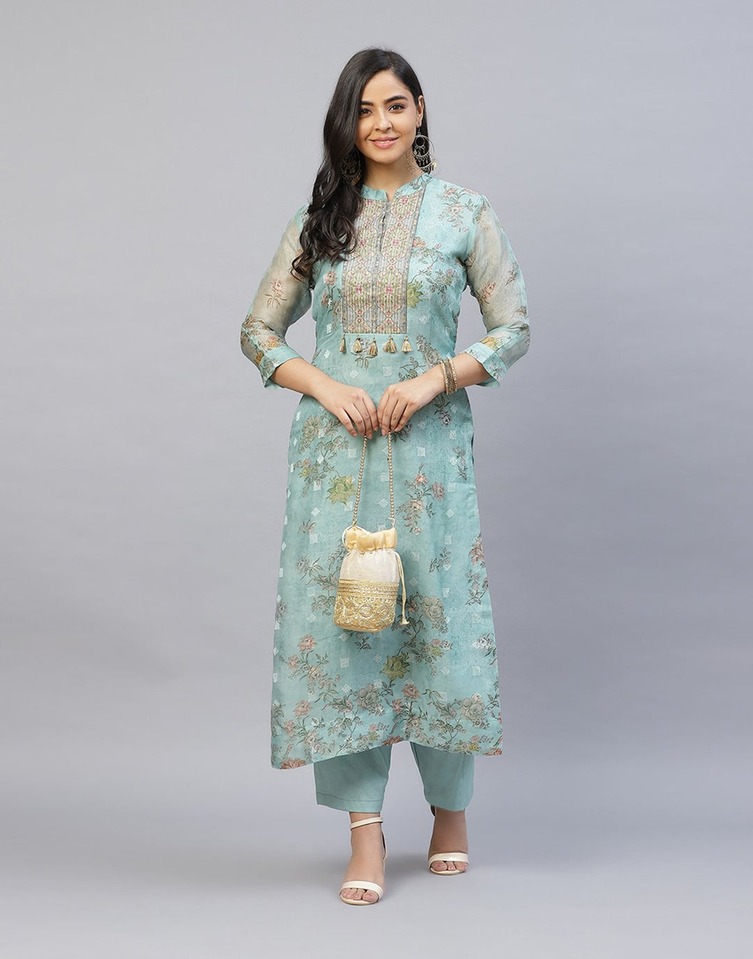 Organza Printed Kurti Pant Set with Yoke Detail