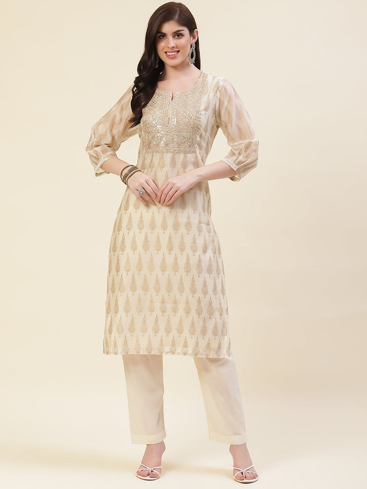 Neck Embroidered &amp; Printed Muslin Kurta With Pants