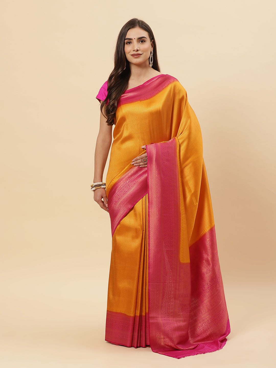 Brocade Zari Jaal  Art Handloom Saree With Contrast Blouse