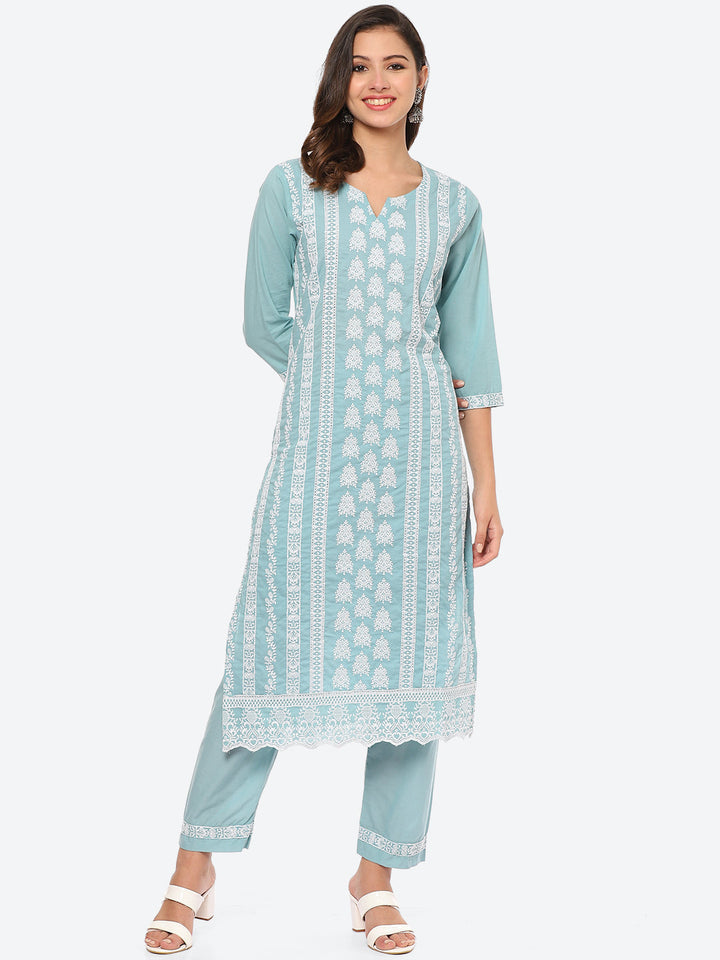 Thread Embroidered Cotton Kurta With Pant