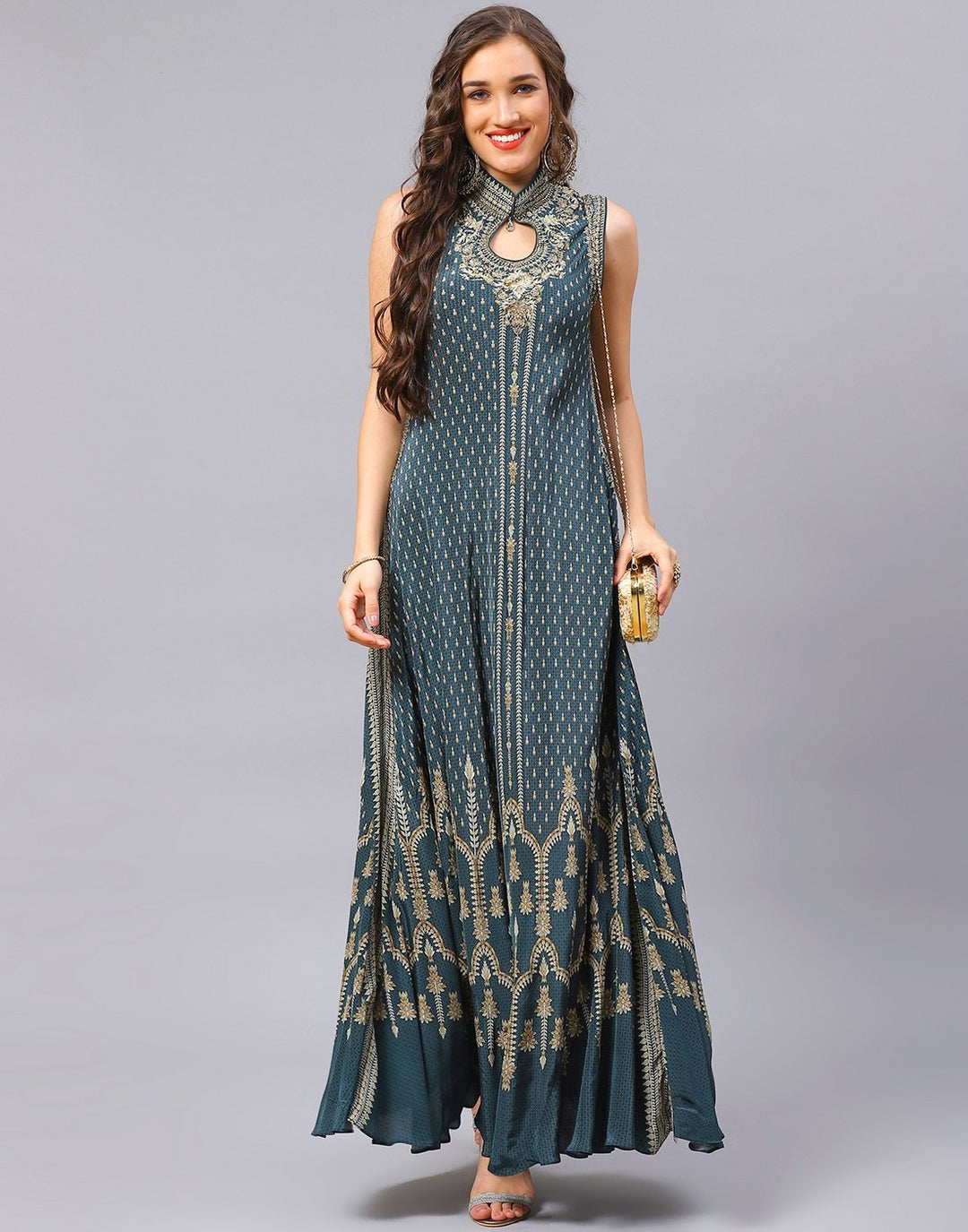 Blue and Wine Crepe Digital Printed Dress