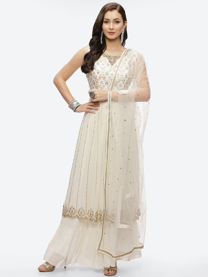 Zari Embroidered Georgette Kurta With Palazzo &amp; Dupatta