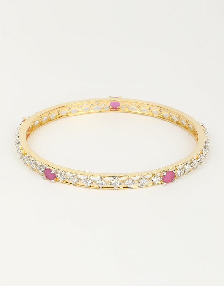 Gold And Diamond Bangles With Red Colored Stones