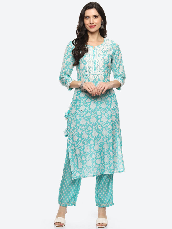 Resham Mirror Yoke Printed Muslin Kurta With Pant