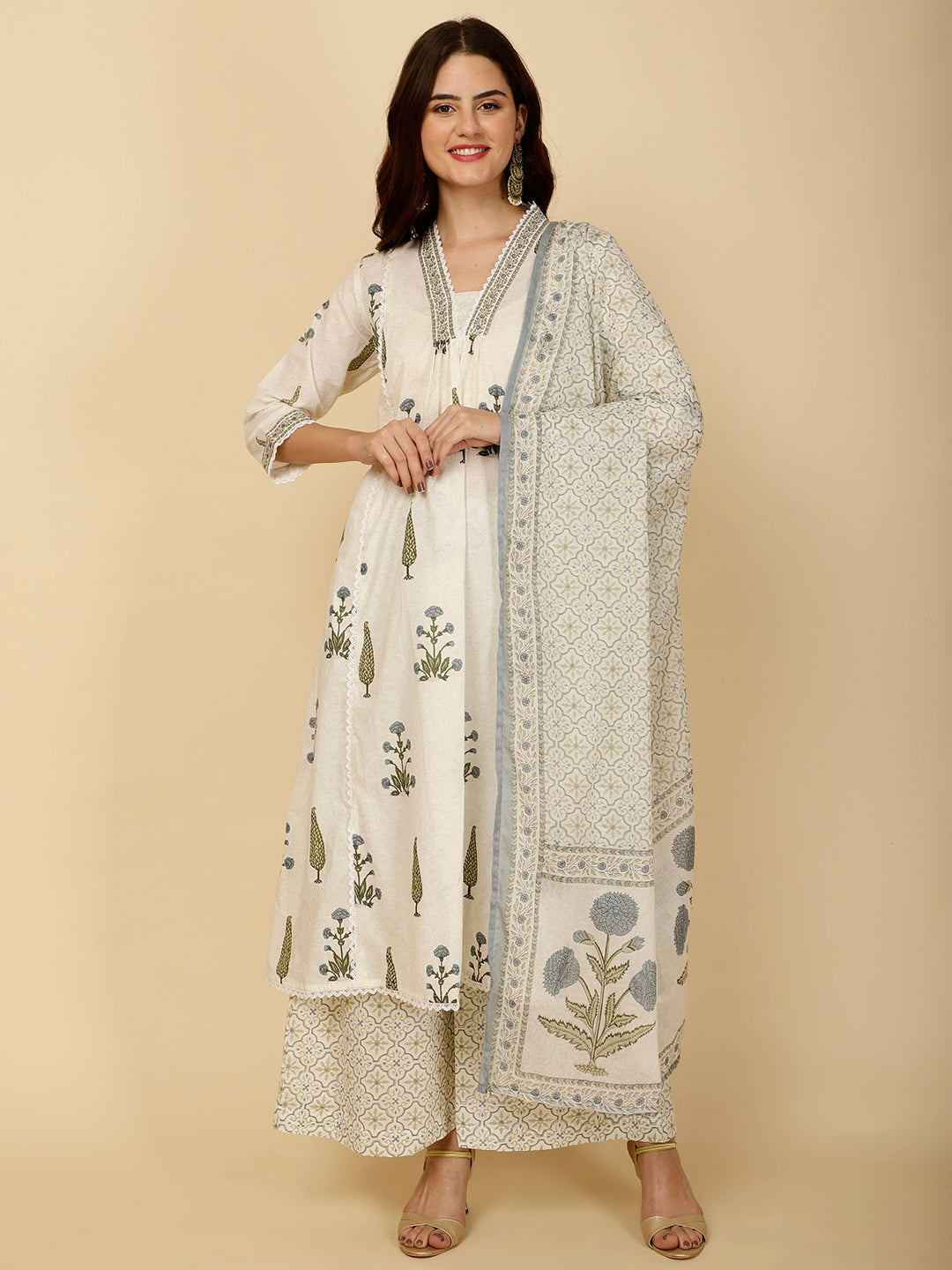 Block Printed Cotton Kurta With Palazzo &amp; Dupatta