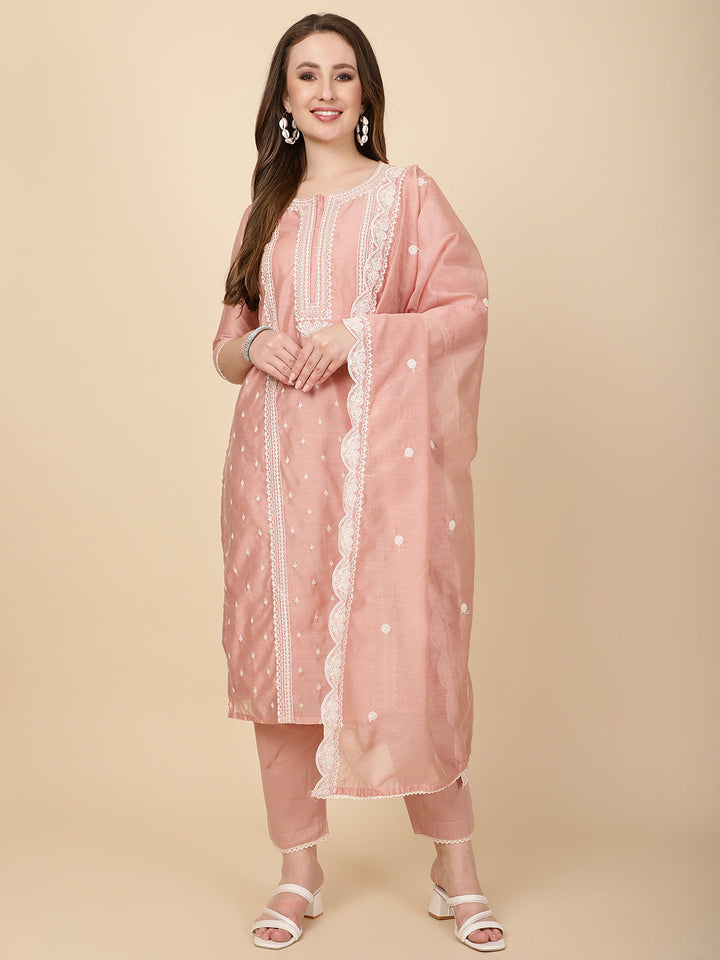 Booti Embroidery Chanderi Kurta With Pants &amp; Dupatta