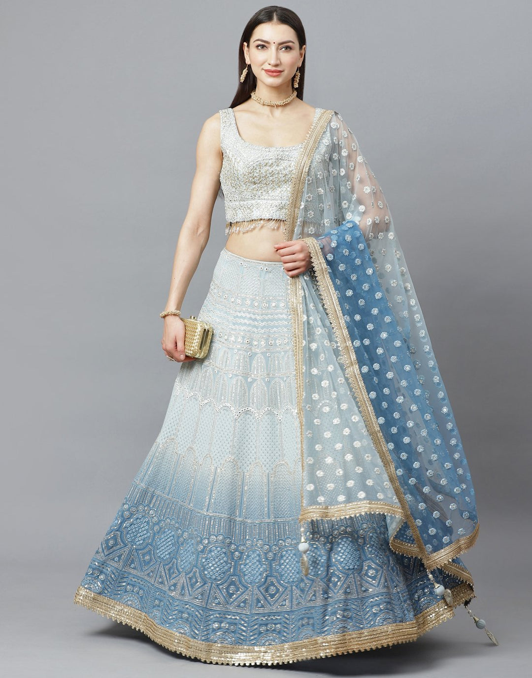 Georgette Lehenga Choli In Ombre Shaded With Traditional Embroidery