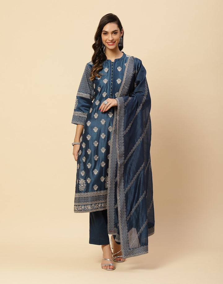 Resham Booti Embroidered Cotton Chanderi Salwar Kameez Stitched Suit With Chanderi Dupatta