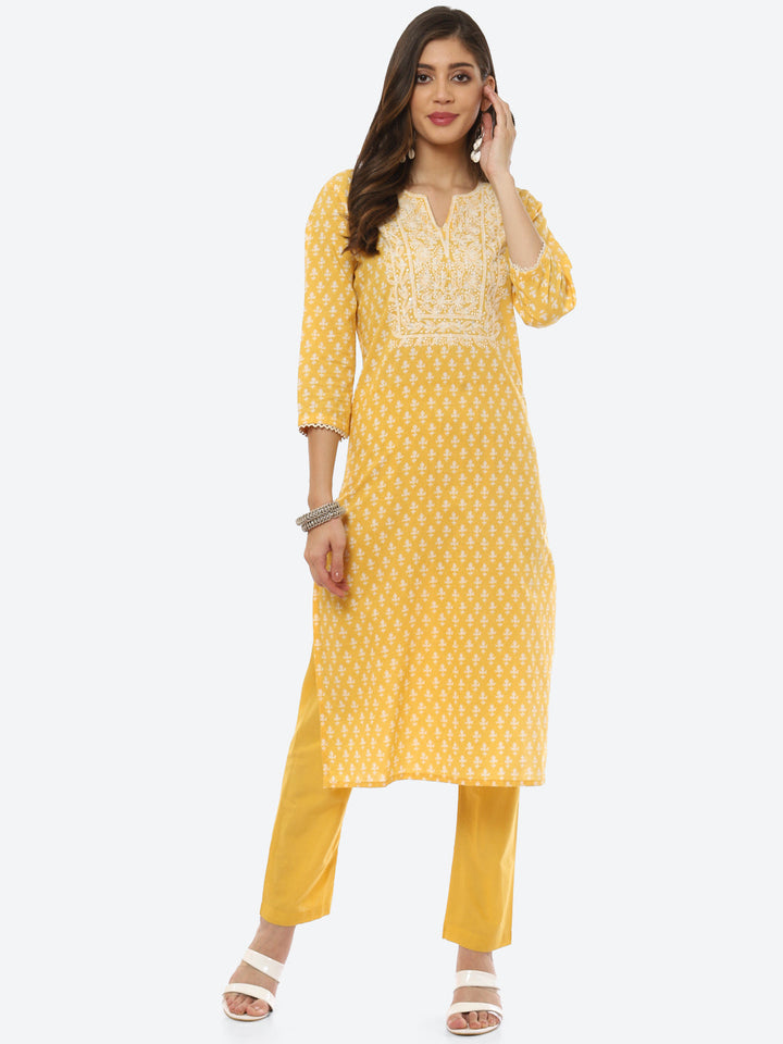 Resham Work Printed Cotton Kurta With Pant