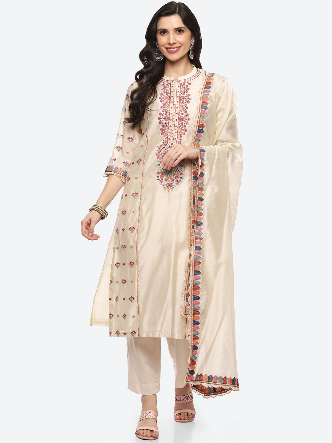 Resham Neck Booti Cotton kurta With Pant &amp; Dupatta