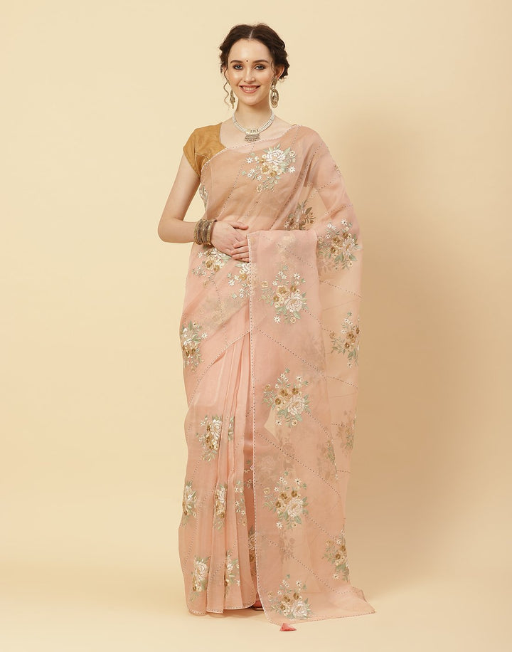 Embroidered Resham Booti Organza Kora Saree