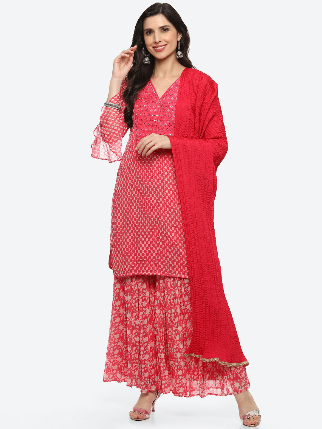 Printed Georgette Kurta With Garara &amp; Chiffon Dupatta