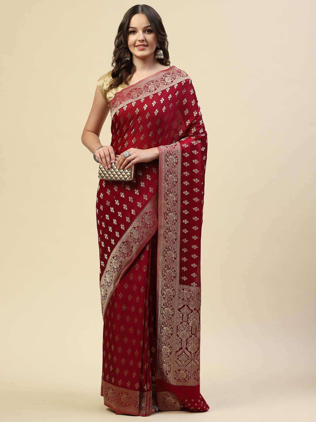 Zari Border Booti Crepe Plain Saree