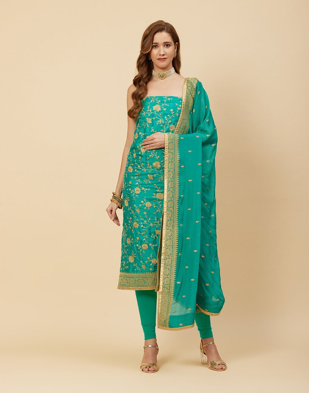 Embroidered Art Handloom Dupion Suit Piece With Chinon Embroidered Dupatta