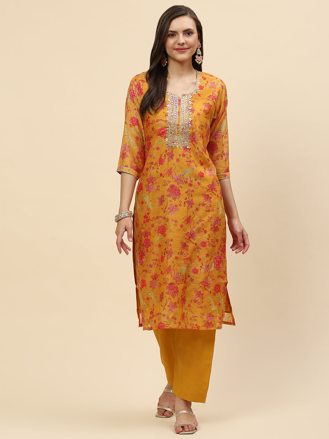 Neck Embroidered &amp; Floral Printed Chanderi Kurta With Pants