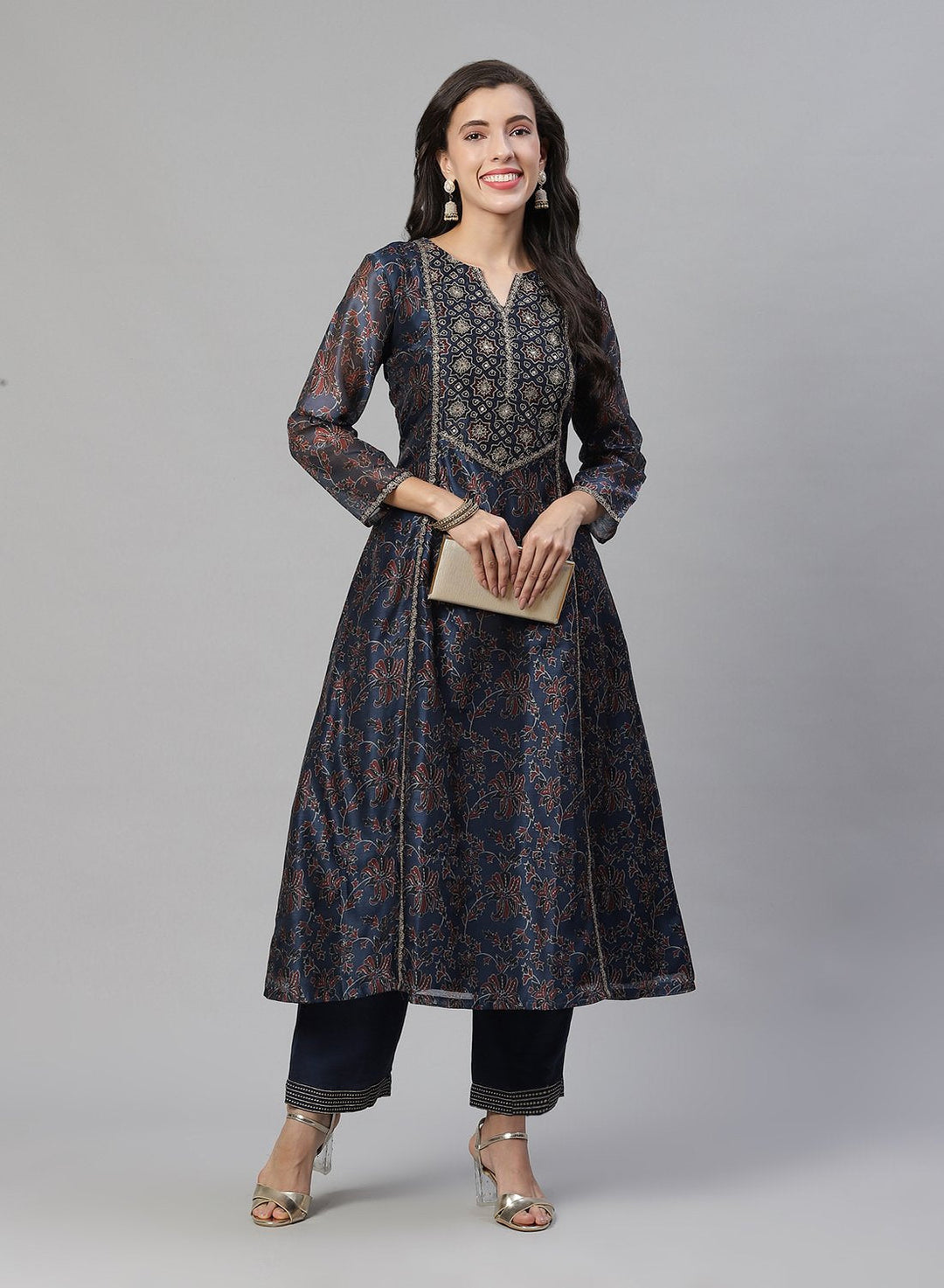 Printed Chanderi Anarkali Kurti With Pant
