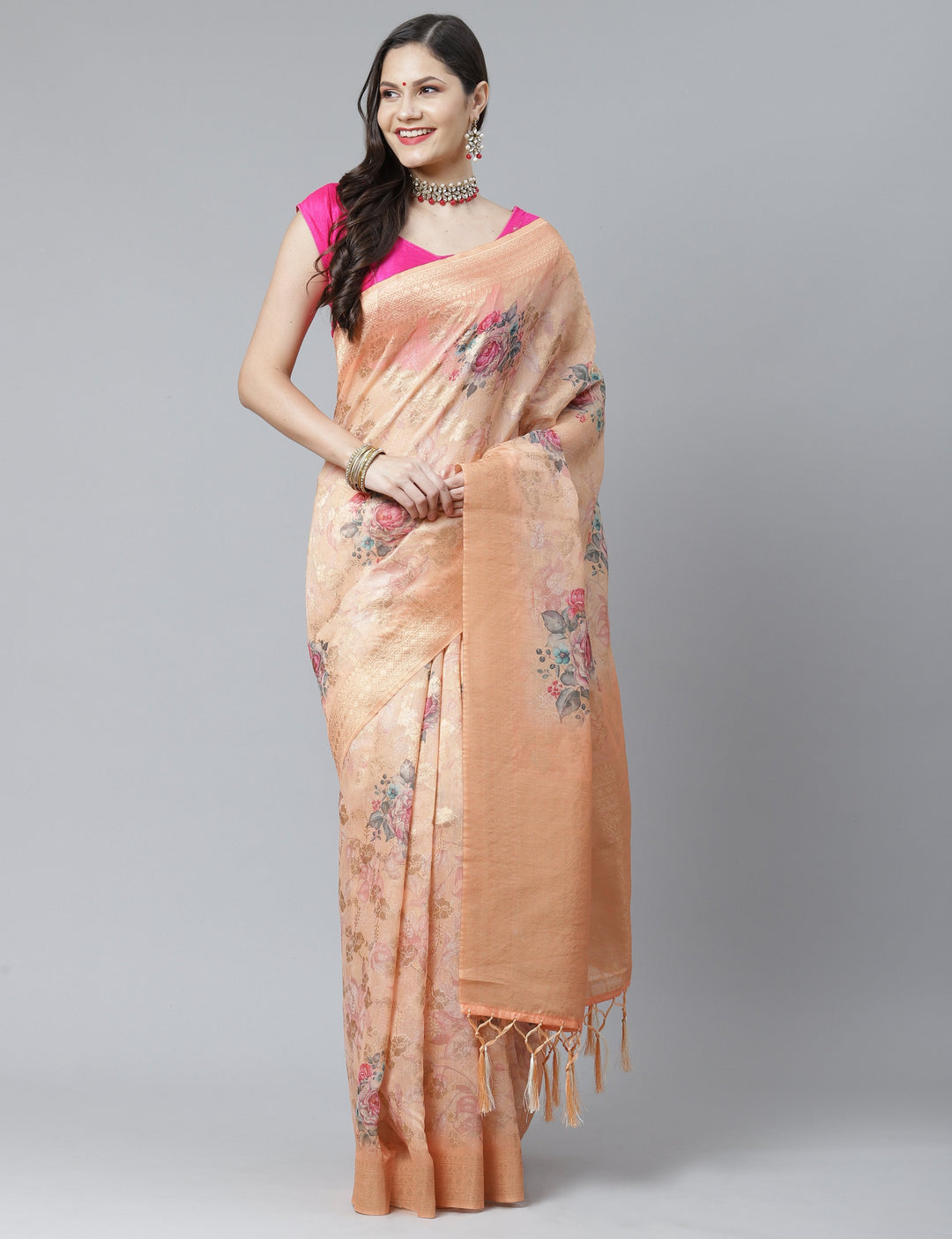 Floral Print Cotton Linen Saree