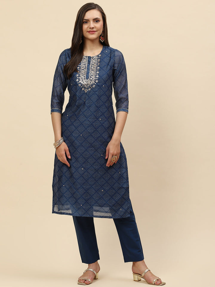 Mirror Embroidered &amp; Printed Chanderi Kurta With Pants