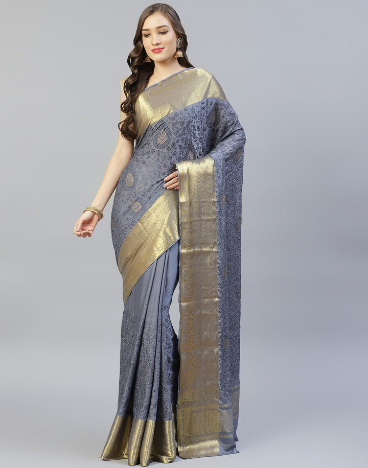 All Over Thread Work Semi Crepe Saree With Zari Border
