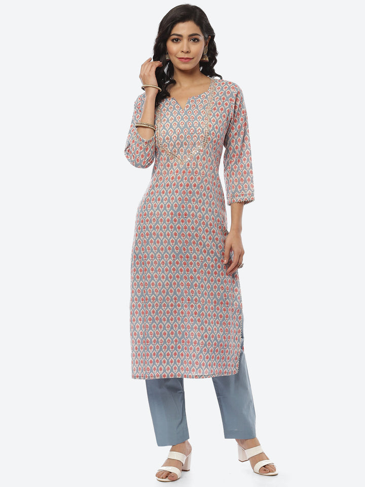 Printed Gota Neck Cotton Kurti With Pant