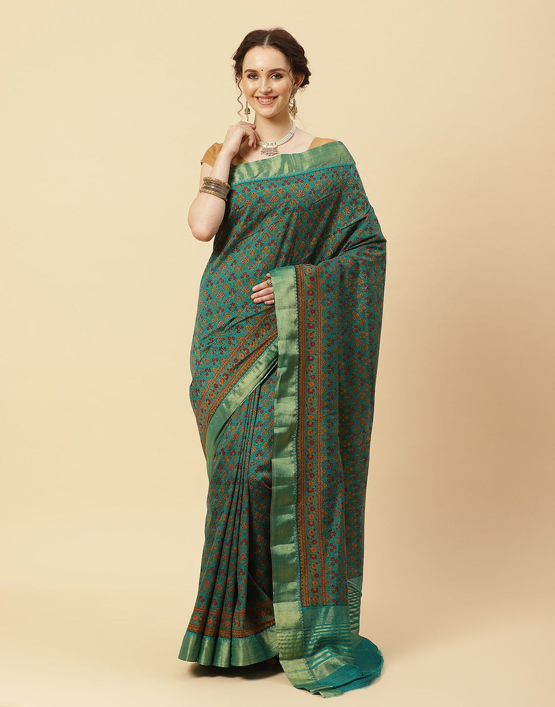 Printed Art Handloom Dupion Zari Booti Border Saree