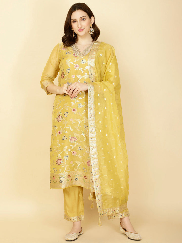 Floral Woven Tissue Kurta With Pants &amp; Dupatta