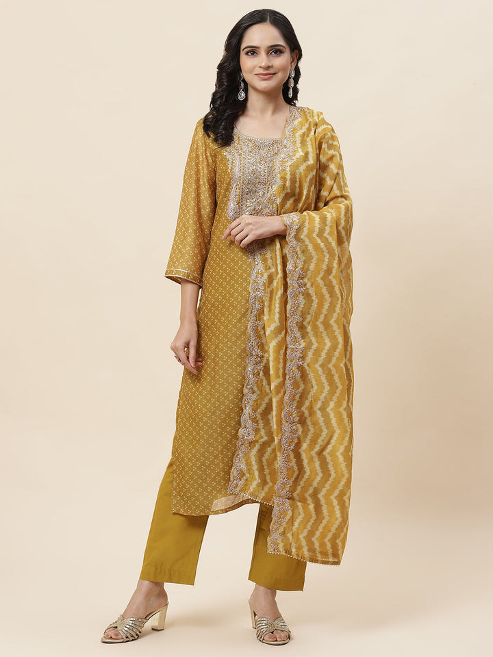 Bandhani Printed Chanderi Kurta With Pants &amp; Dupatta