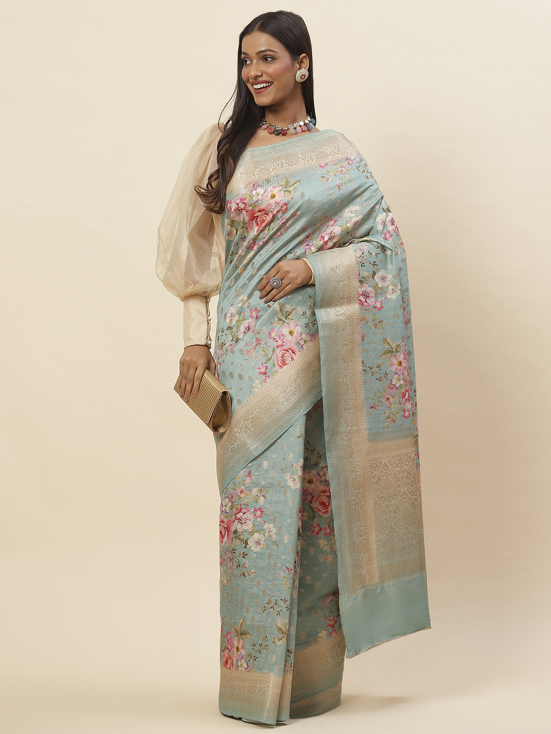 Digitally Floral Printed Tussar Saree