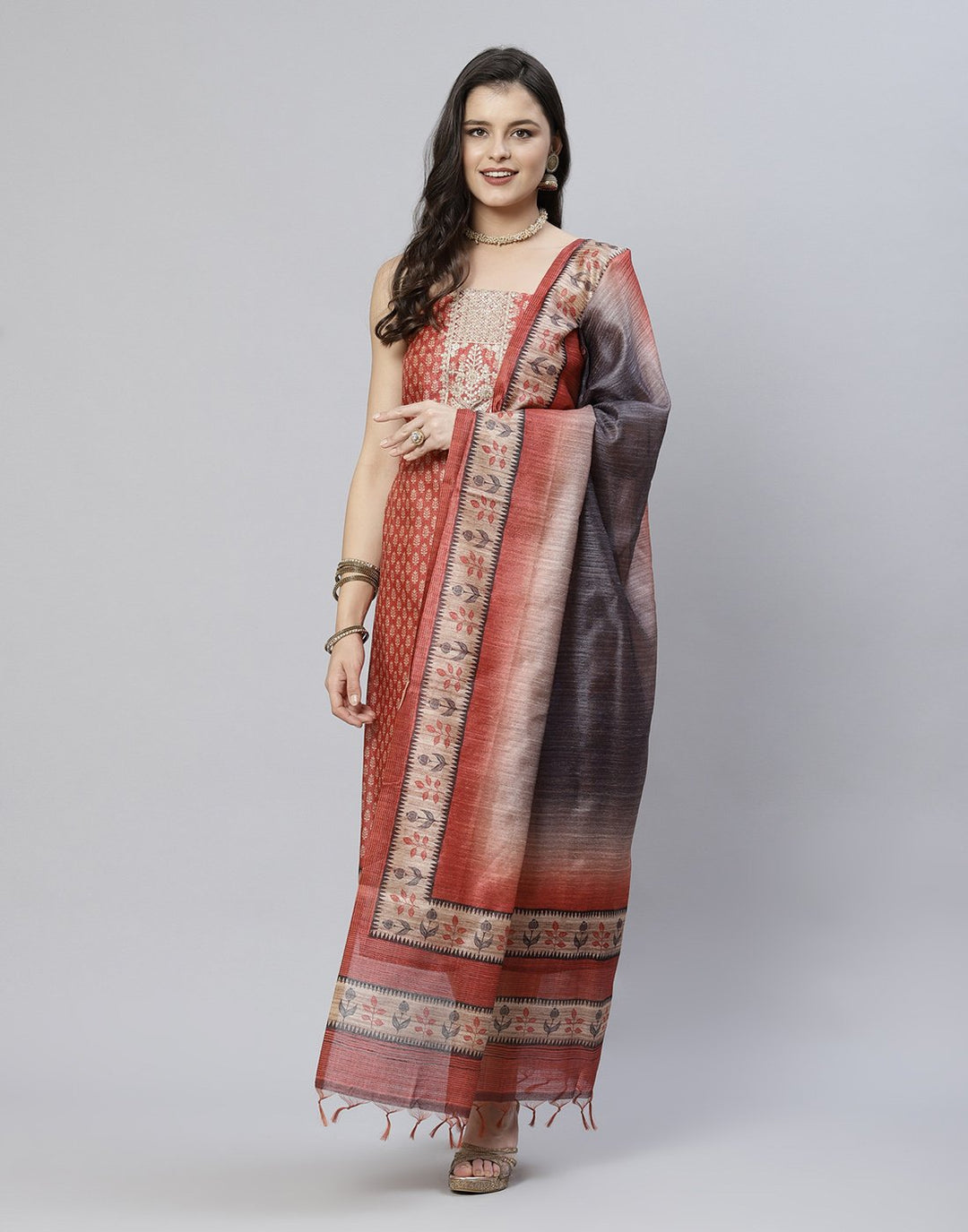 Printed Chanderi Suit Piece With Embroidered Yoke