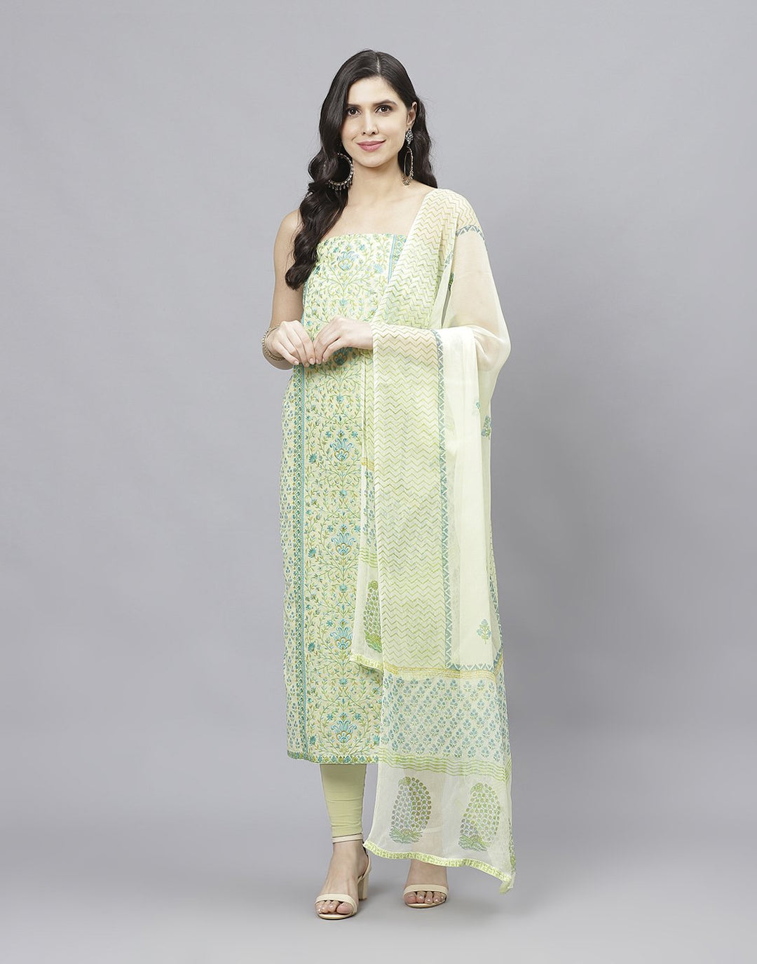 Printed Cotton Suit Piece With Chiffon Dupatta