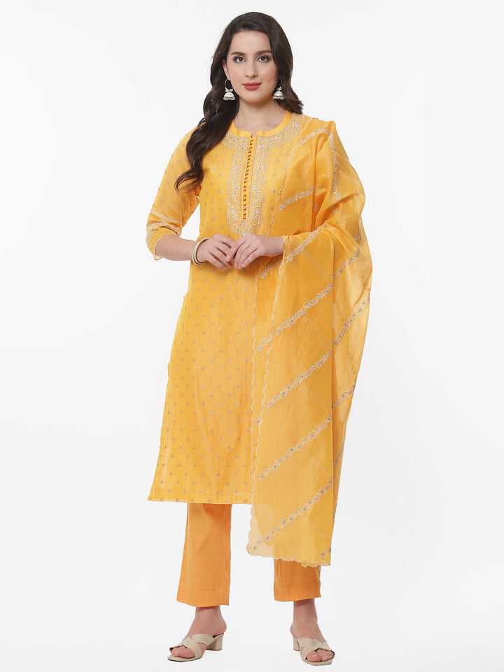 Resham Jaal Cotton Chanderi Stitched Salwar Kameez With Embroidered Dupatta