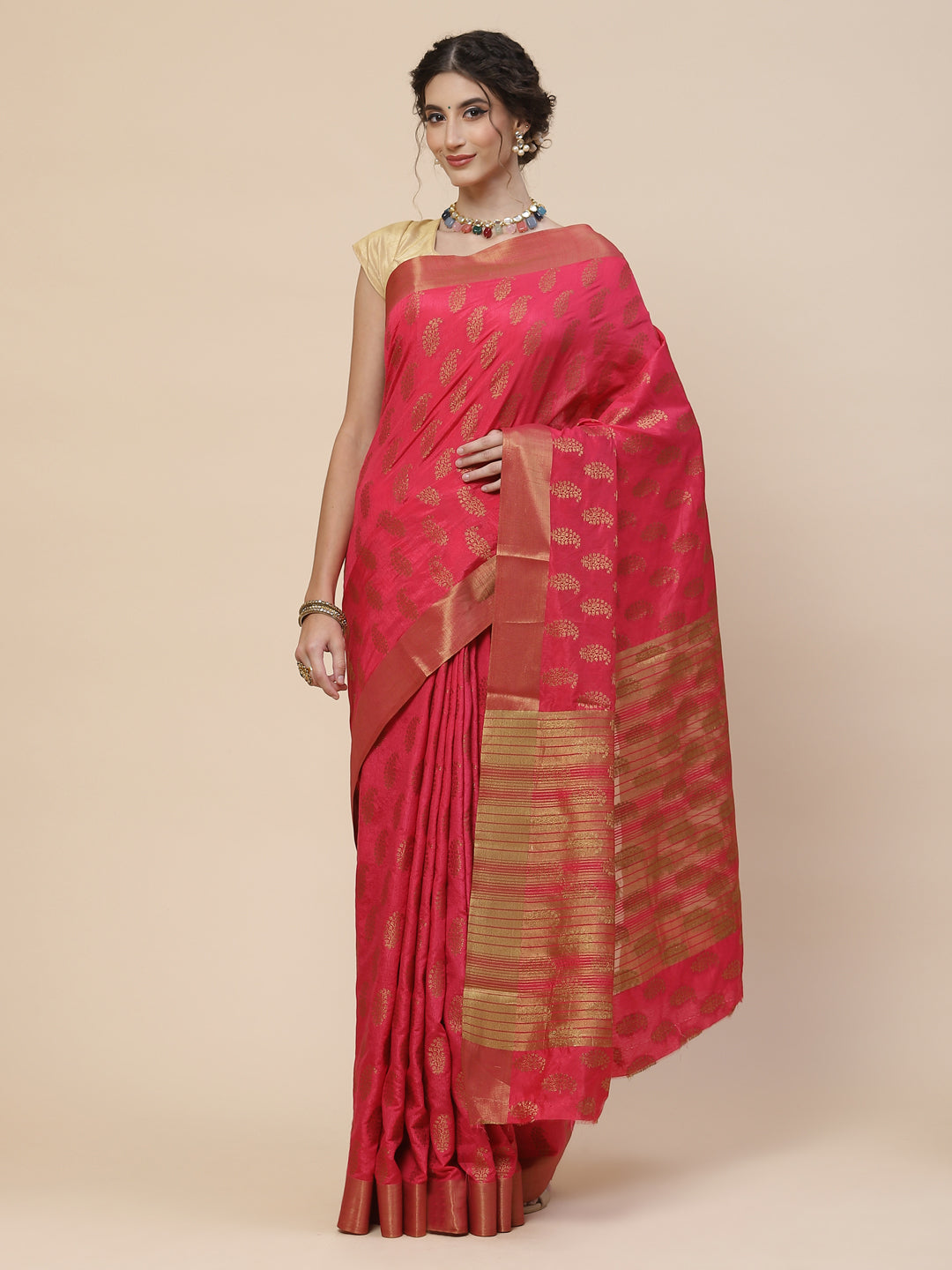 Zari Border Booti Art Handloom Woven Saree