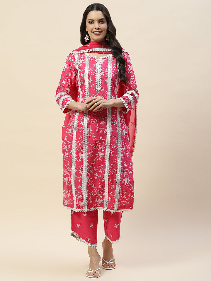 Printed &amp; Embroidered Cotton Suit Set With Dupatta
