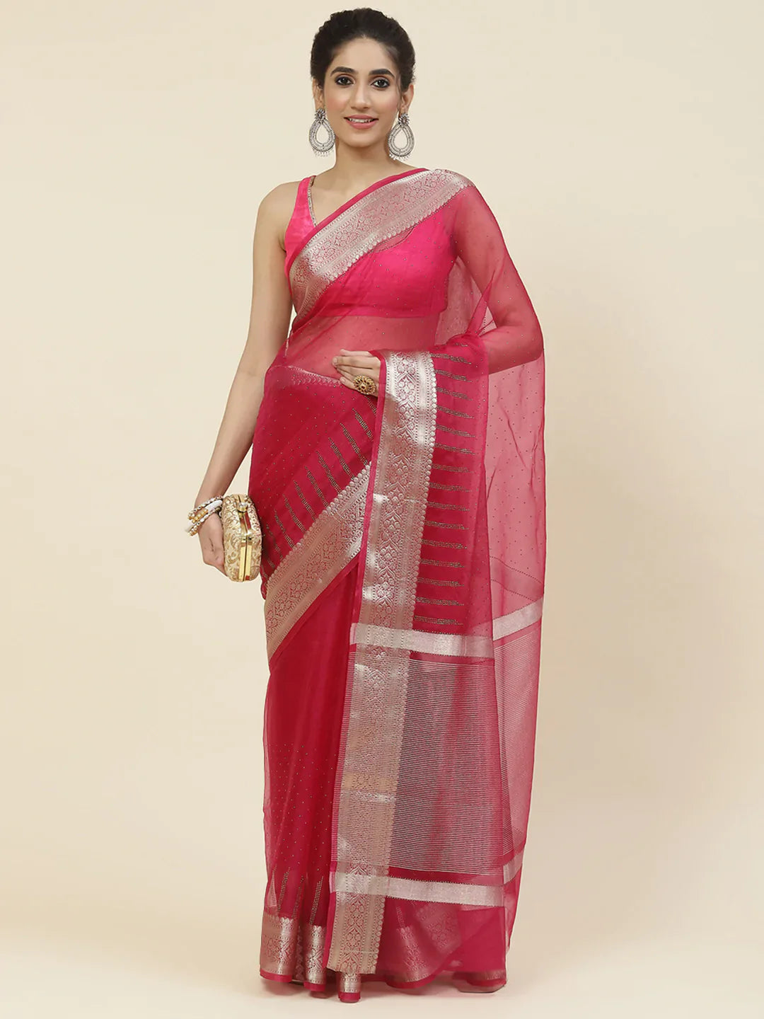 Stone Work Organza Plain Saree