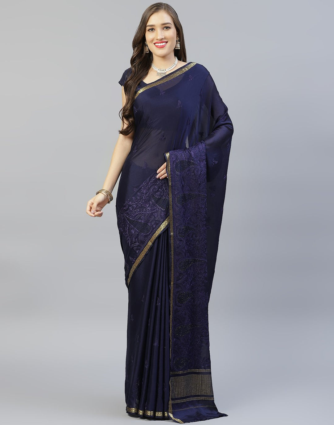 Thread Work Semi Crepe Saree With Zari Border