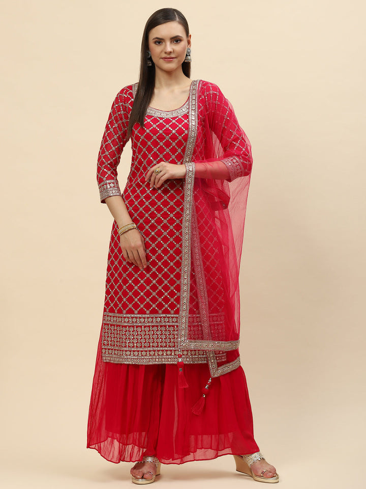 Zari Jaal Georgette Kurta With Palazzo &amp; Dupatta