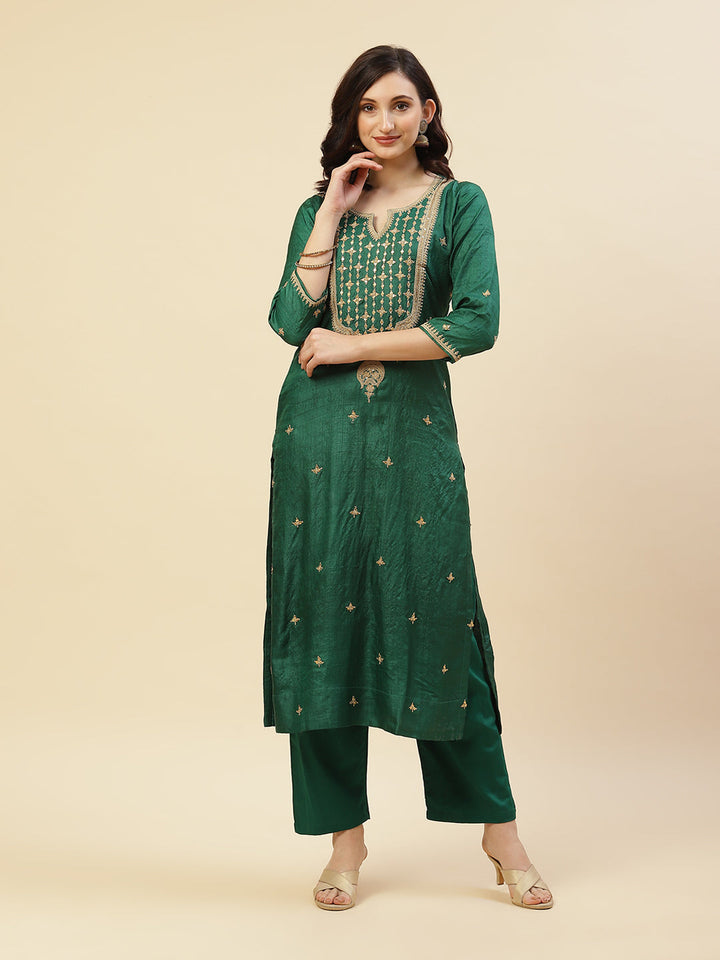 Embroidered Tussar Kurti With Pant