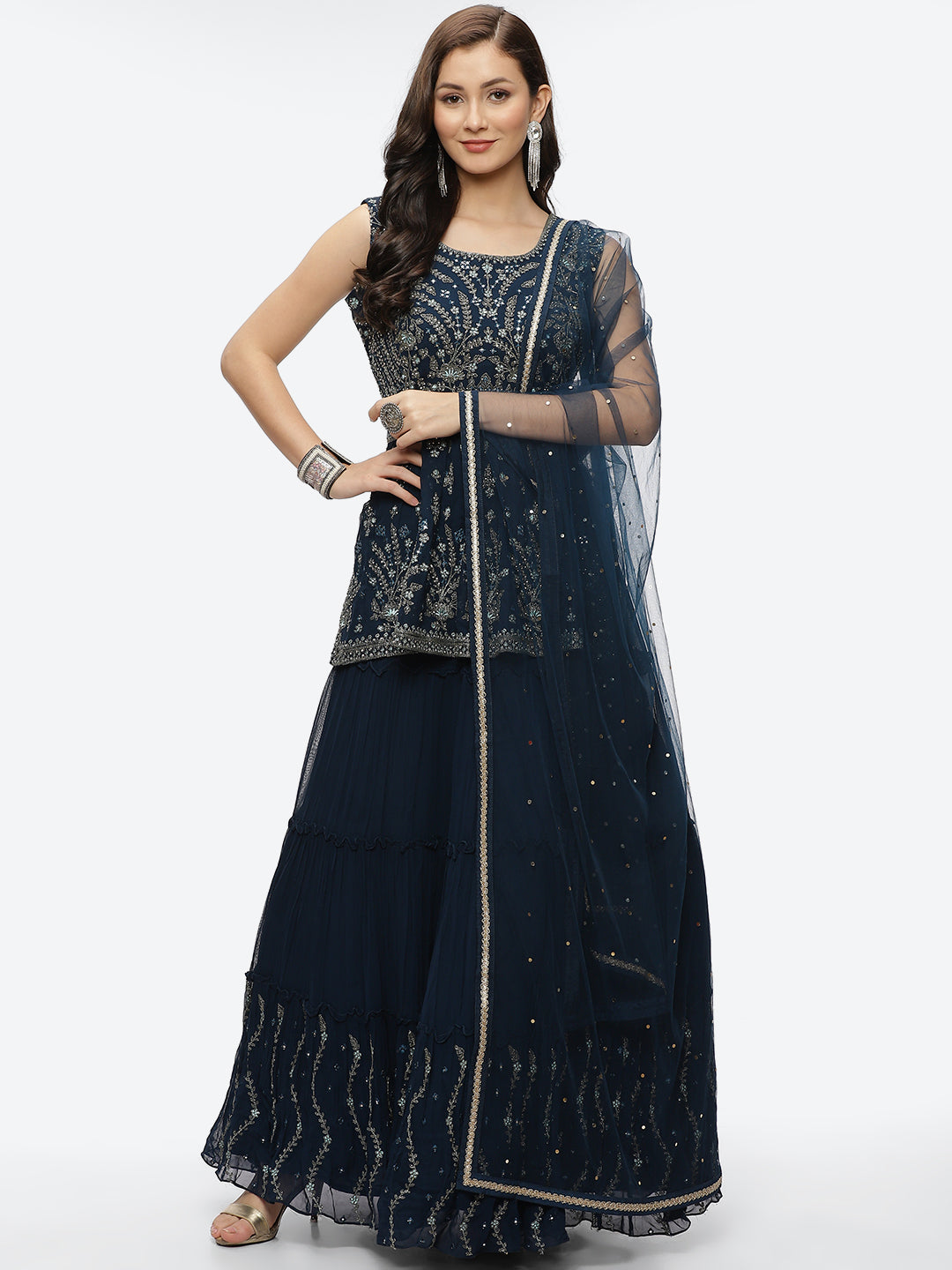 Embroidered Resham Mirror Georgette Choli With Lehenga &amp; Dupatta