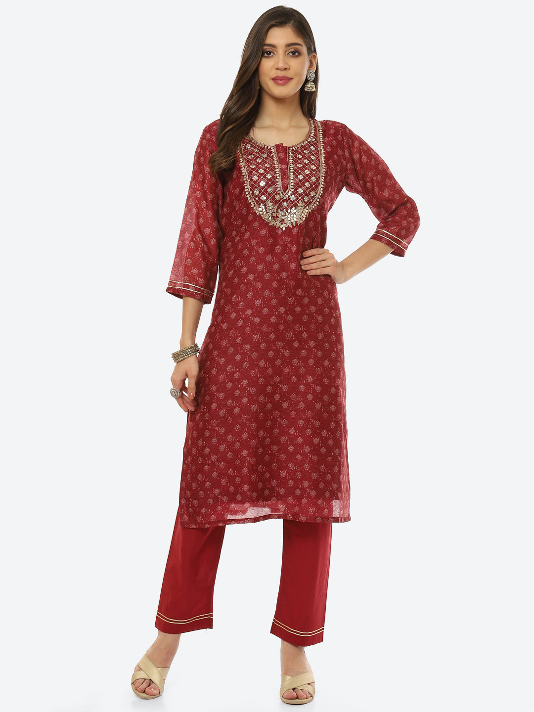 Gota Neck Printed Chanderi Kurta With Pant