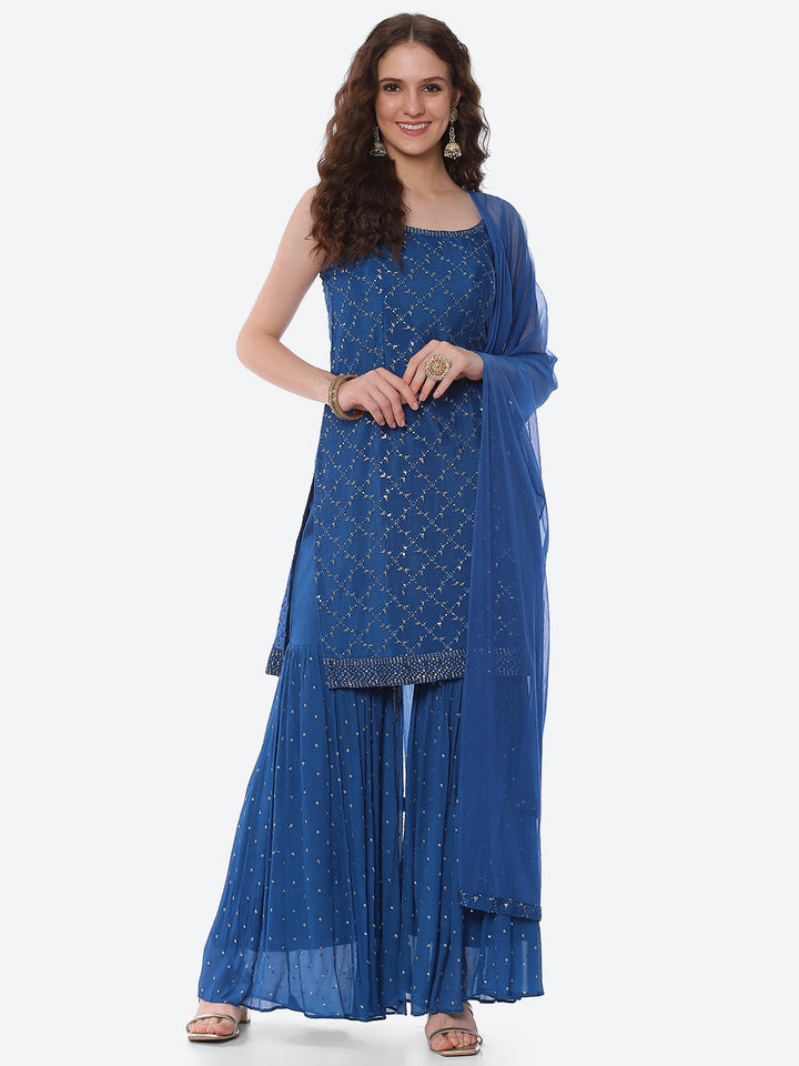 Sequin Crepe Kurta With Garara &amp; Dupatta
